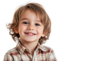 Happy child with blond hair smiling wearing a plaid shirt. Bright innocent expression with dark background. Stock photography of joyful kids. png