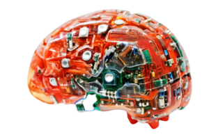 High-tech artificial intelligence model brain with complex wiring and circuitry, representing advanced technology in robotics and AI systems. png