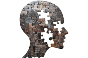 Silhouette of a human head composed of dark jigsaw puzzle pieces, symbolizing complexity, mental health, and cognitive challenges. png