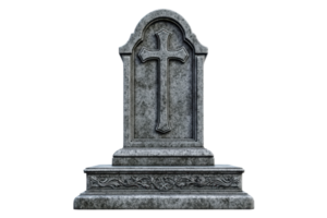 Stone tombstone with cross, symbolizing remembrance and eternity, isolated on transparent background. Perfect for themes of history and memorial. png