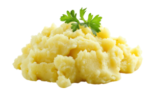 A close-up of freshly made mashed potatoes garnished with a sprig of parsley. Perfect for culinary and food-related uses. png