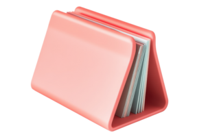 Modern pink desk organizer holding a stack of papers, ideal for keeping your workspace tidy and stylish. png