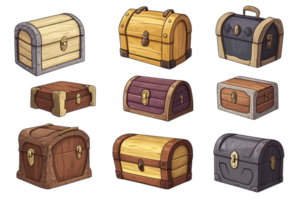 A collection of illustrated treasure chests in various shapes, sizes, and colors, perfect for fantasy or adventure-themed designs and projects. png