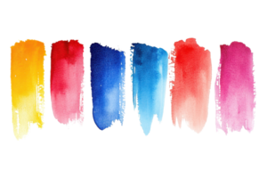 Vibrant watercolor brush strokes in a rainbow of colors, arranged in a horizontal row, perfect for art and design projects. png