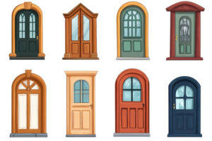 A collection of eight distinct and colorful door illustrations, showcasing various architectural styles and designs. png