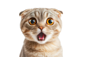 Close-up of a surprised Scottish Fold cat with big round eyes and open mouth, expressing shock or amazement. png