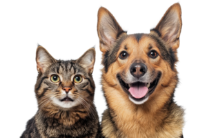Close-up of a happy dog and curious cat sitting together, showcasing their unique expressions and the bond between pets. png
