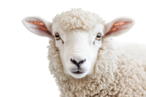 Close-up of a white sheep with curly wool and alert expression. Perfect for agricultural, natural, and pastoral themed projects. png