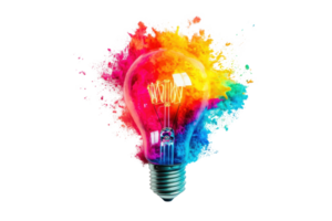 Colorful light bulb explosion concept symbolizing creative ideas, innovation, and ingenuity in a vibrant and abstract style. png