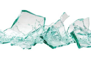 Close-up of sharp, shattered glass pieces on a transparent background. Ideal for design, texture, and safety-related visuals. png