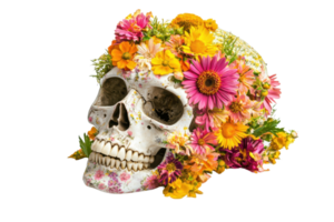 A decorative skull adorned with colorful flowers, blending the themes of life and death in a beautiful and artistic manner. png