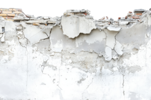 Crumbling white concrete wall with exposed brick, depicting urban decay and weathering over time, creating a rough, textured surface. png