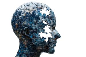 Conceptual image of a human head made up of puzzle pieces, symbolizing creativity, thought, and complexity. png