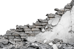 Crumbling brick wall partially destroyed with debris, showcasing decay and urban deterioration. Gray and white tones highlight the structural collapse. png