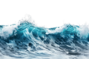 Dynamic ocean wave crashing with white foam, blue sea water, and splashing spray, isolated on a transparent background. png