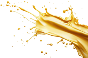 Dynamic splash of golden liquid, frozen in mid-air against a transparent background, ideal for creative projects and graphic designs. png