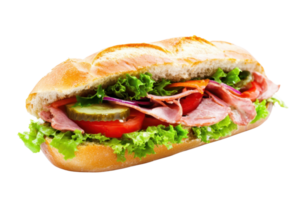 Delicious fresh sandwich with ham, lettuce, tomatoes, cucumber, and red onion on a crispy baguette. Perfect for lunch or a quick meal. png