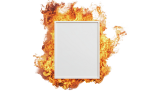 Empty white frame isolated on flames, surrounded by fire, representing danger, energy or hot topic with a blank space for copy. png