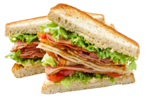 Delicious club sandwich with layers of turkey, bacon, lettuce, tomato, and mayo between toasted bread slices, perfect for a quick meal or snack. png