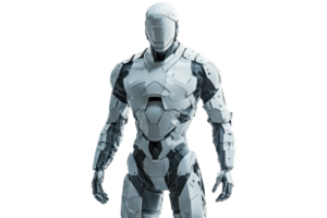 Futuristic white humanoid robot in armor standing, representing advanced technology and AI innovation for future concept and design. png