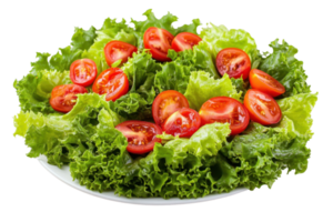 Fresh green leaf lettuce with cherry tomato slices on a white plate. Perfect for salads, healthy eating, and vegetarian meals. png