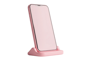 Modern smartphone with a pink case placed on a matching pink stand, ideal for technology and fashion-related designs. png
