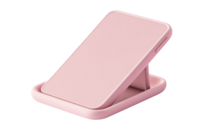 Pink phone stand on transparent background. Modern and sleek smartphone accessory for hands-free use and convenient viewing angles. png