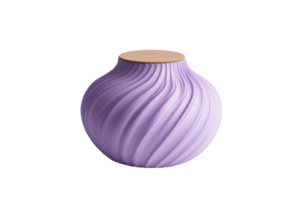 Stylish lavender ceramic vase with intricate swirl design and light wood lid. Perfect for home decor and adding a pop of color to any room. png
