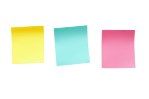 Three colorful sticky notes in yellow, blue, and pink arranged side by side on a transparent background. ideal for reminders and organizing tasks. png