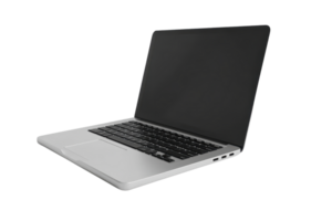 Silver laptop with blank screen isolated on transparent background. Sleek modern design, open and angled view perfect for tech and business concepts. png