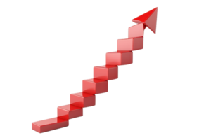 Red 3D steps with an arrow pointing upwards, symbolizing growth, progress, and success. Ideal for business and financial concepts. png