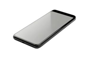 Modern black smartphone with blank screen, angled view on a transparent background. Perfect for technology, communication, and mobile app design concepts. png
