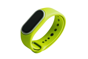 Stylish green fitness tracker wristband with black screen, isolated on transparent background. ideal for health and tech enthusiasts. png