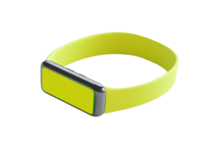 Modern yellow fitness tracker bracelet with a sleek design, isolated on transparent background. Perfect for active lifestyle enthusiasts. png