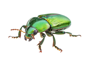 Close-up of a shiny green beetle with iridescent exoskeleton isolated on transparent background. Detailed insect macro showcasing its vibrant colors. png