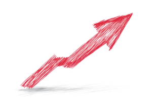 Red hand-drawn upward arrow symbolizing growth, progress, success, or increase on a transparent background. in a sketch style. png