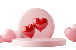 Pink pedestal with red heart-shaped balloons, perfect for a romantic, love-themed design or Valentine's Day celebration. png