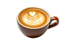 A beautifully crafted cup of latte with intricate latte art in a brown mug, isolated on a transparent background. png