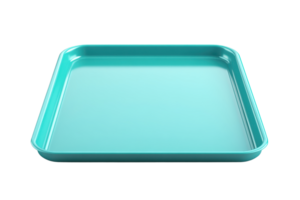 Empty turquoise plastic tray with raised edges against a plain transparent background. Ideal for food presentation, storage, or serving. png