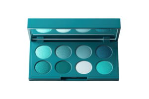 Palette of teal and green eyeshadows in various shades and finishes, designed for eye makeup looks, presented in a sleek compact case. png