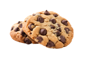 Close-up of three chocolate chip cookies on a transparent background. Perfect for baking, dessert, or snack-related themes. png