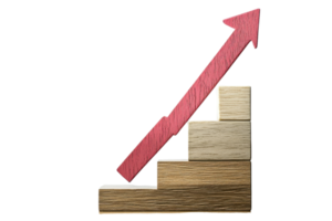 Wooden blocks stacked as stairs with a red upward arrow signifying growth, success, and progress in business or personal development. png