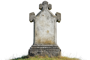 Old weathered tombstone with cross-shaped top standing on grass, symbolizing remembrance and the passage of time. png