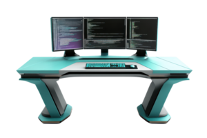 Modern, sleek computer workstation with triple monitors displaying code, perfect for programmers and tech enthusiasts. png