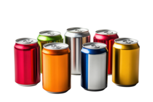 Colorful soda cans arranged in a neat order on a transparent background. representing different flavors and vibrant packaging in a minimalistic style. png