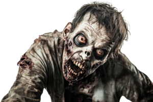 Terrifying zombie with decayed flesh, dark clothing, and menacing expression. Perfect for horror themes, Halloween, and scary concepts. png