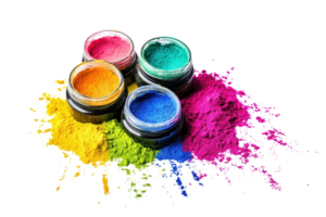 Colorful powdered pigments in jars and spilled on surface, vibrant hues for art and design, isolated on transparent background. png