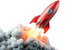 vermelho foguete lançamento com fumaça e fogo, representando inovação, tecnologia, e exploração. perfeito para espaço e Ciência temas. png