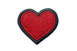 Red heart-shaped embroidered patch with black outline, ideal for custom designs, DIY projects, or repairing clothing and accessories. png