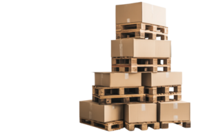 Stacked cardboard boxes on wooden pallets, isolated on transparent background. representing packaging, shipping, and logistics services. png